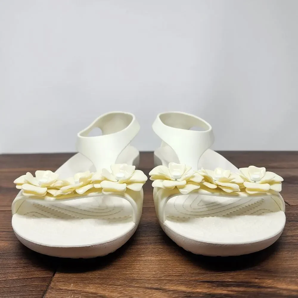 Crocs Serena Flower Embellished Flat T-Strap Sandal Women 10 Ivory and Cream - Picture 5 of 14